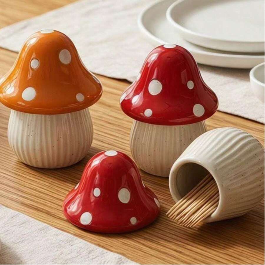 Creative Ceramic Original Mushroom With Lid Dust-Proof Personalized Toothpick Holder Restaurant Toothpick Can Floss Box Cute Storage Jar - View 1