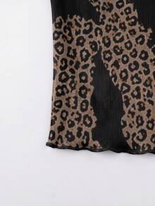 Women Leopard Bat Print Mesh Long Sleeve Top, Crew Neck Sheer See Through Slim Fit Shirt, Halloween Casual Layering Tee - Multicolor - View 3