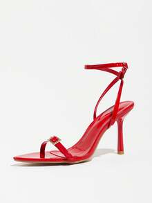 Elegant Sexy Red Open Toe Stiletto Sandals, Cross Back Strap Heels With Rhinestone Square Buckle For Party Banquet - Red - View 7