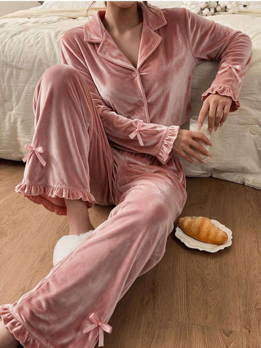 Teen Girl Gold Velvet Fabric Sleepwear 2 Pieces Set,Lapel Button Bow Long Sleeved+Bow Decorated Pants,Soft And Warm Teen Autumn And Winter Home Wear - Pink - View 1