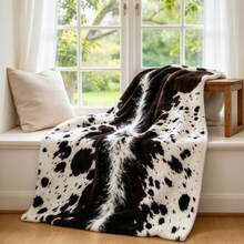 1PC Black White Faux Cowhide Flannel Throw Blanket, Western Style Blanket For Sofa Bedroom Home Decor - Multicolor - View 2