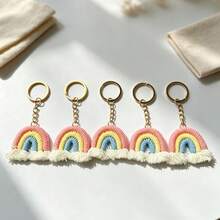 5件裝可愛手工編織彩虹流蘇鑰匙圈，女款女孩鑰匙環吊飾，手提包裝飾DIY鑰匙圈禮物 - 粉色 5 件裝 - 查看 6