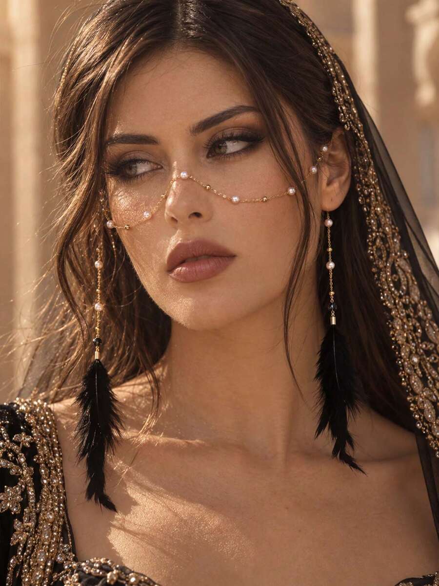 1pc Vintage Bohemian Pearl Face Chain With Black Feather Tassel, Facial Chain Accessory For Evening Party Cosplay Exotic Style - Rhinestones - View 1