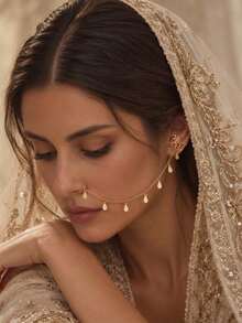 1pc Vintage Water Drop Tassel Ear-To-Nose Chain, Bohemian Non-Pierced Nose Chain, Exotic Wedding Party Face Accessory - Rhinestones - View 2