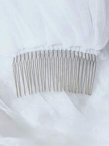 1 Pc Two Tier Satin Ribbon Edge Bridal Veil, Long Cathedral Blusher Veil, Wedding Bridal Photoshoot Headpiece - White - View 4