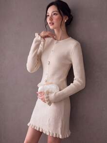 Women's Autumn/Winter Elegant Minimalist Knit Pullover & Skirt 2 Pieces Set - Off-white - View 1