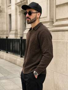 Lookun Men's Loose Fit Drop Shoulder V-Neck Knitted Polo Sweater, Autumn/Winter - Brown - View 7