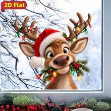 1Pc Cute Reindeer Christmas Window Clings Static Decals Santa Hat String Lights Kids Room Holiday Decor Window Decals - Multicolor - View 3