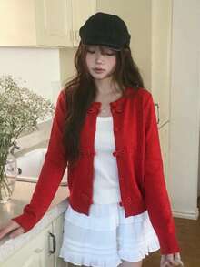 Cardigan Sweater Rajut Bergaris dengan Pita di Bagian Depan, Leher Bulat, Lengan Panjang, Kancing Depan, Potongan Pendek, Cardigan Musim Gugur Elegan Warna Merah untuk Wanita, Lembut dan Elastis - Merah - View 1
