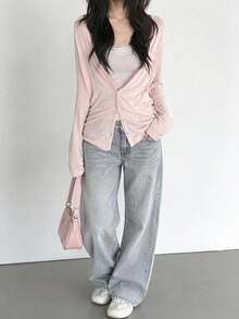 Solid Color Romantic Single-Breasted Thin Cardigan - Pink - View 4
