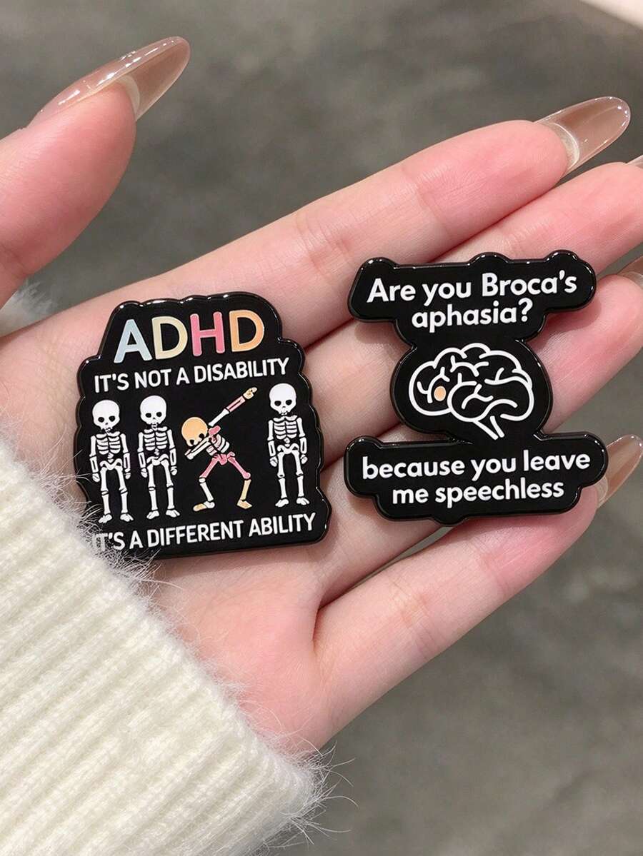 1pc Humorous Mental Health Enamel Brooch, ADHD Broca's Aphasia Skull Lapel Pin, Neurodiversity Humor Badge, Suitable For Backpack, Denim Jacket Decoration Gift - Multicolor - View 1
