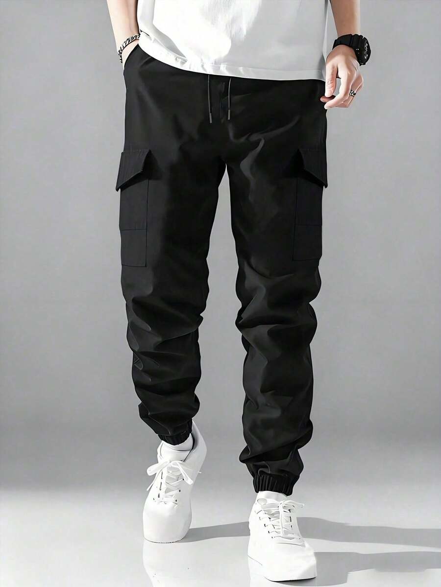 Men's Solid Color Lightweight Minimalist Multi-Pocket Cargo Pants, Fashionable Tapered Leg, Campus Style, Outdoor Hiking Casual Pants - Black - View 1