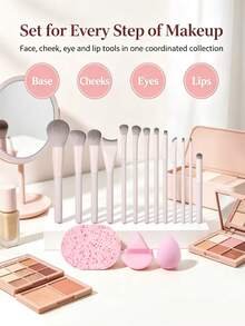 16pcs Makeup Brush Set, Super Soft Nylon Bristles Face & Eye Makeup Brushes, Suitable For Foundation, Blush, Concealer, Eyeshadow, Portable Complete Edition - Pink - View 4