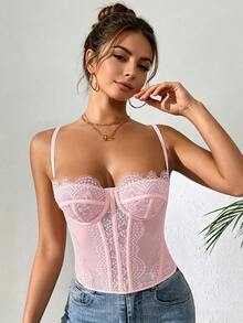 RAHQ 1件装女士时尚蕾丝边紧身胸衣露脐上衣，性感包臀吊带内衣束身衣，适合派对、旅行、聚会、圣诞节、情人节、万圣节等休闲夏季场合 - 淺粉色 - 查看 5