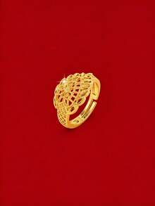 YIYI 1pc Minimalist Premium Gold-Plated Brass Women's Ring, Wide Round Hollow Mesh Lace Open Ring, Versatile For Daily Wear - Gold - View 2