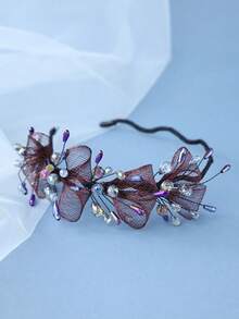 Gothic Dark Burgundy Red Mesh Crystal Rhinestone Bridal Headband Wedding Hair Accessories For Cocktail Party Prom Formal Evening Gala Celebration - Burgundy - View 5