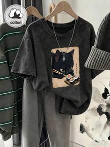 Plus Size Women's Vintage Washed T-Shirt, Printed With Cute Cat Pattern, Pure Cotton Material, Summer T-Shirt, Autumn Plus Size Casual Black Clothing - Black - View 1