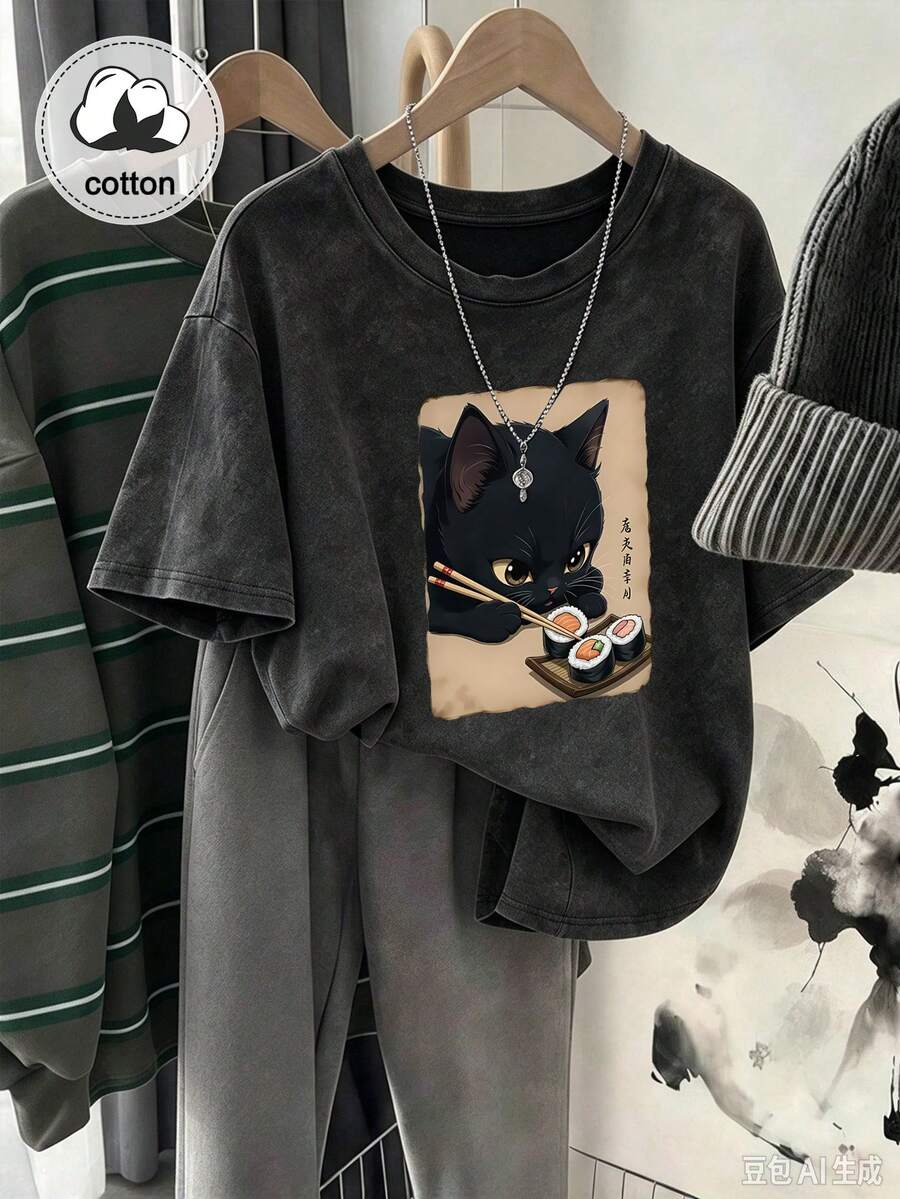 Plus Size Women's Vintage Washed T-Shirt, Printed With Cute Cat Pattern, Pure Cotton Material, Summer T-Shirt, Autumn Plus Size Casual Black Clothing - Black - View 1