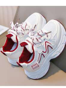 1 Pair Spring/Autumn Kids' Sports Shoes, Teen Student Campus Running Shoes, Mesh Breathable Athletic Sneakers - Red - View 3
