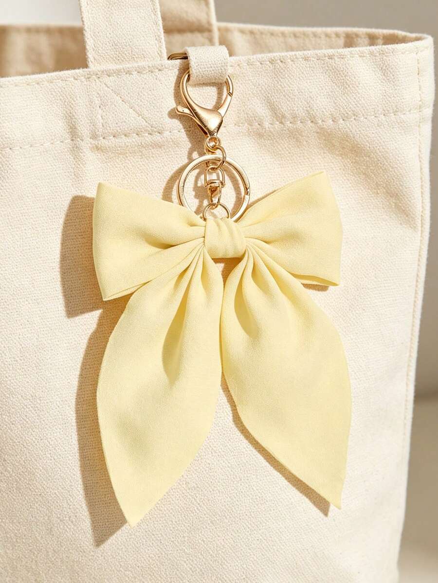 1pc Solid Color Korean Linen Chiffon Bead Floral Bow Keychain Car Key Pendant Accessory Bohemian Zinc Alloy All Season - Solid Yellow - View 1
