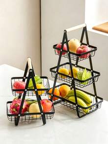 3‑Tier Metal Fruit Storage Basket With Wooden Handle, Foldable Countertop Organizer, Food Display Holder, For Kitchen Counter, Dining Table, Outdoor Picnic, Perfect For Family Users To Store Fruits, Vegetables And Snacks - Multiple Specifications - View 4