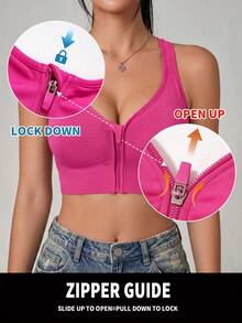 Women's Plus Size High Support Front Zip Non-Wired Seamless Elastic Sports Bra, Yoga Running Workout Bra, Suitable For All Seasons - Hot Pink - View 4