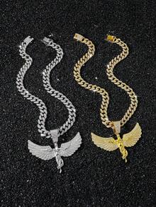 1pc Men's Full Rhinestone Cuban Chain Hip Hop Style Personalized Large Angel Wing Pendant Necklace - Angel Wings - View 2
