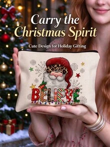 1pc Santa Claus Print Linen Zipper Pouch, Cute Cartoon Hand-Drawn Pattern With Christmas Hat, Sunflower, Snowflake And Gift Box Elements, Portable Flat Handbag, Large Capacity Storage Bag For Cosmetics, Lipstick, Stationery, Data Cable, Keys And Coins, Lightweight And Durable, Zipper Closure To Prevent Items From Falling Out - Multicolor - View 1
