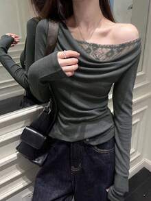 女款蕾絲不對稱領長袖T恤，優雅百褶休閒上衣，秋季穿搭 - 灰色 - 查看 2