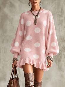 Women's Comfortable Pink Polka Dot Knit Sweater Dress, Long Sleeve Ruffle Hem Casual Pullover, Winter Style - Pink - View 1