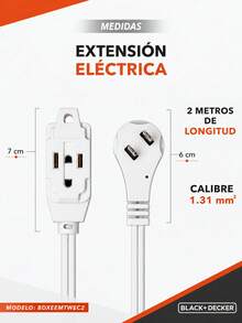 black & decker BLACK+DECKER Extensión Eléctrica 2m, 3 Contactos, 16 AWG, Blanca, Interior - 2 M - Ver 2