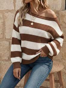Plus Size Brown & White Striped Cold Shoulder Knit Sweater, Women's Casual Loose Long Sleeve Drop Shoulder Pullover, Autumn/Winter - Brown - View 5