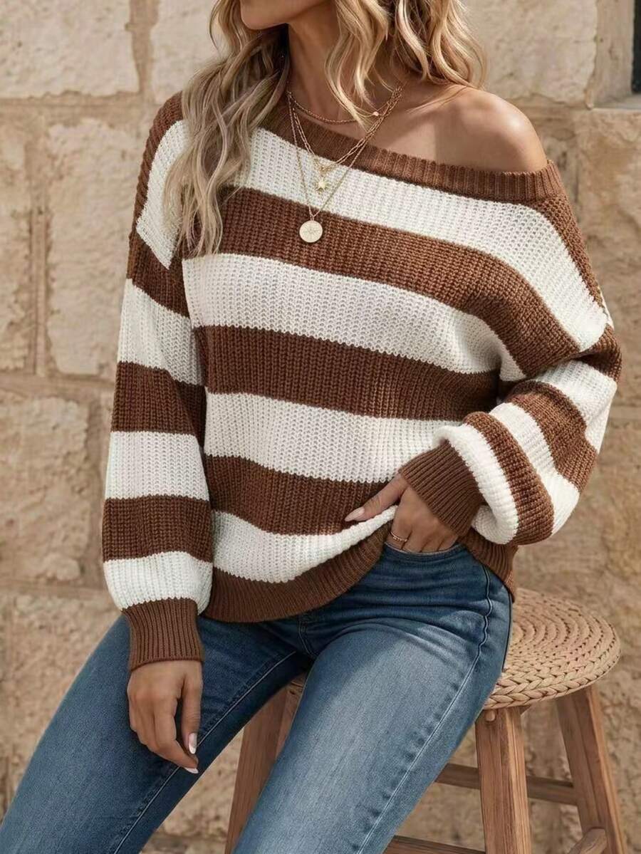Plus Size Brown & White Striped Cold Shoulder Knit Sweater, Women's Casual Loose Long Sleeve Drop Shoulder Pullover, Autumn/Winter - Brown - View 1