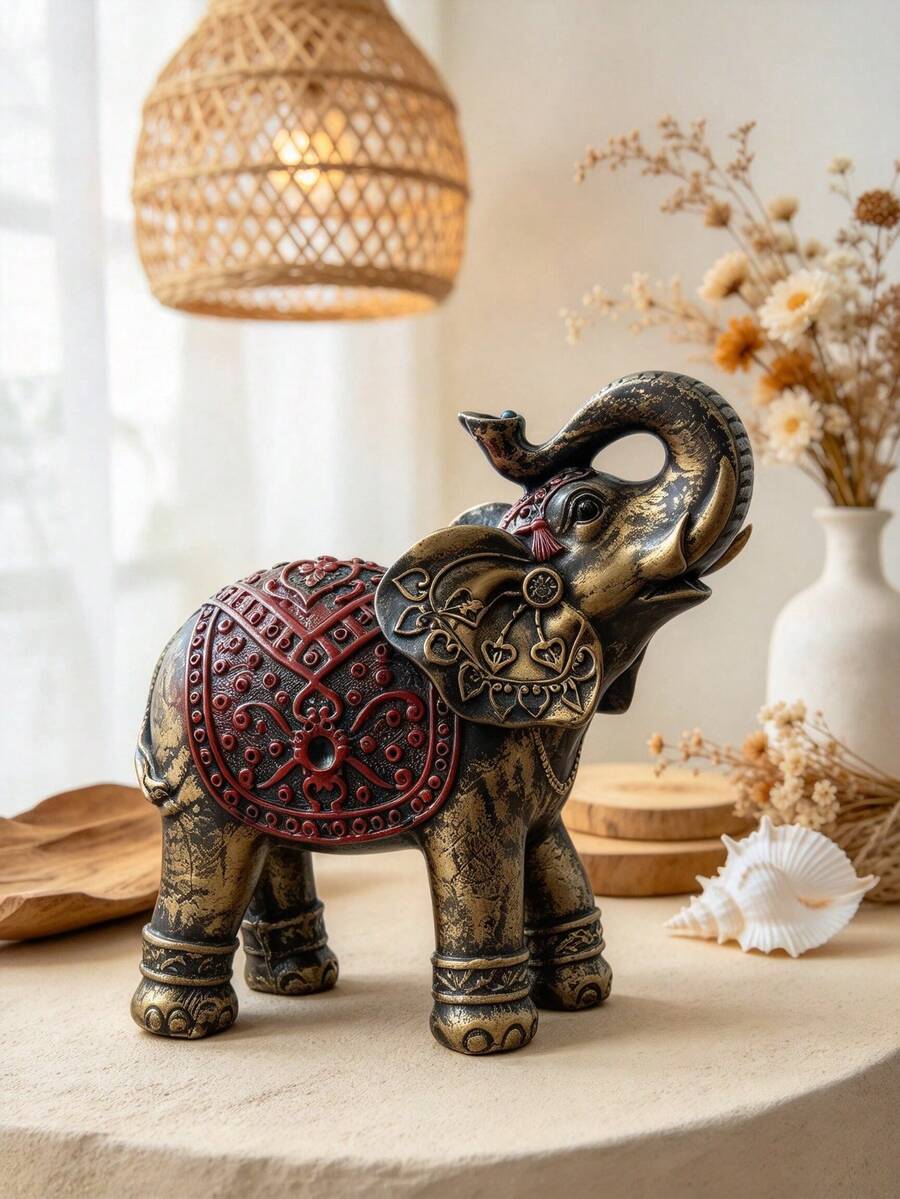 1 tượng voi cổ điển trang trí màu đồng và đỏ, tượng voi may mắn vòi hướng lên, phong cách Bohemian, đồ trang trí nhà cửa kiểu Á, phù hợp cho phòng khách, quà tân gia - Nhiều màu - Xem 1