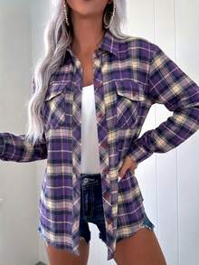 Áo sơ mi flannel tay dài kẻ caro phối màu tương phản có túi, phong cách thường ngày mùa thu - Màu tím - Xem 5