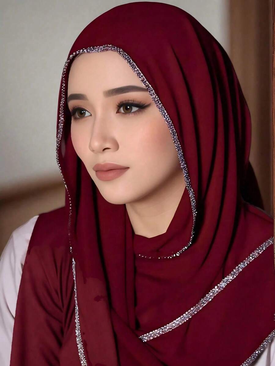 1pc Women's Heavy Embellished Rhinestone Trim Solid Color Scarf, Moroccan Rhinestone Muslim Headscarf, Red Autumn Women's Headscarf - Multicolor - View 1