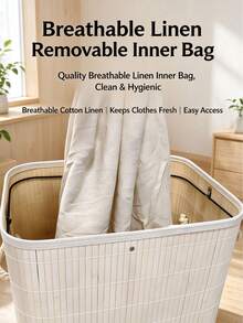 1pc Large Bamboo Woven Foldable Laundry Basket With Lid - Multicolor - View 9