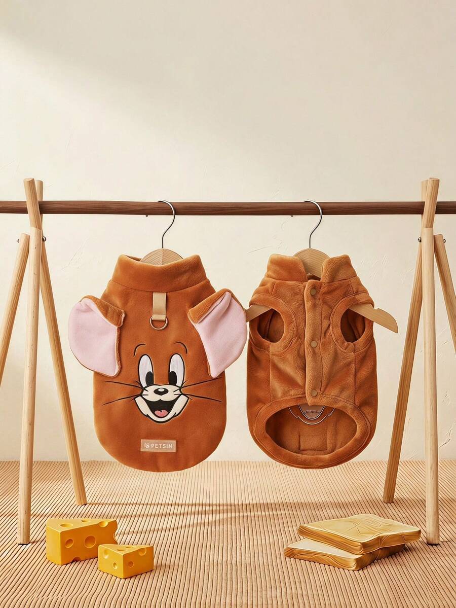 TOM & JERRY X PETSIN 1件刺繡棕色老鼠絨毛保暖無袖防滑外套,附牽引扣,適合貓狗,適合舒適室內保暖或安全戶外冬季散步 - 彩色 - 查看 1
