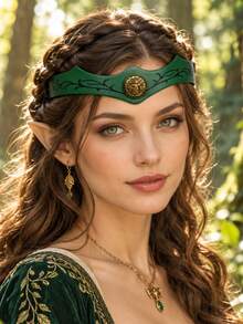 1pc Green Leather Elf Headband, Vintage Floral Vine Rose Crown Headpiece, Forest Fairy Style Renaissance Cosplay Halloween Party Hair Accessory - TD - View 7