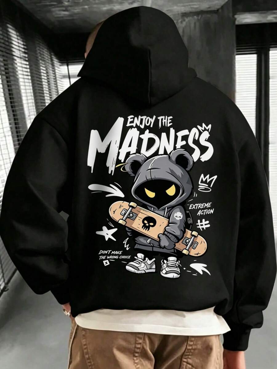 Plus Size Men's Casual Fashion Street Extreme Sports Cartoon Print Kangaroo Pocket Drawstring Loose Hoodie - Black - View 1