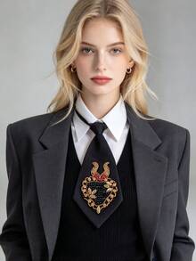 1pc Heart Party Polyester (Polyester) Necktie, All Season Vintage Baroque Beaded Rhinestone Pre-Tied Necktie, Gold Embroidery Heart Decoration Necktie, Women's Eye-Catching Shirt Accessory, Evening Party - Black - View 6