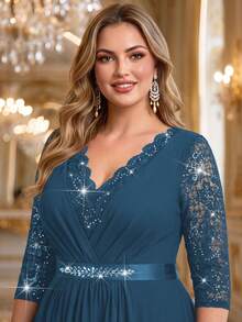 Plus V Neck Sequin Floral Lace 3/4 Sleeve Contrast Rhinestones Ribbon Waist Chiffon Ruched Hem Formal Party Dress For Wedding Guest, Graduation - Dusty Blue - View 6