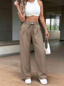 Women's High Waist Wide Leg Long Pants, Casual Loose Fit Trousers, Built-In Drawstring Waistband, Vintage Minimalist Style Daily Bottoms - Maroon - View 2