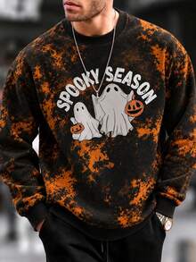 Zrgoth Halloween Tie-Dye Crew Neck Sweatshirt Ghost Pumpkin Spooky Season Print Loose Fit Men's Pullover - Black - View 2