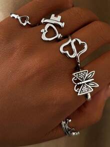 5-Piece Punk Style Ring Set, Unique Fashion Heart Butterfly Crown Stackable Rings, Jewelry For Women, Stylish Accessory Gift - Multicolor - View 2