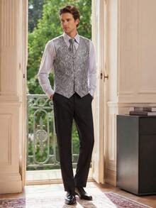Officeau Men's Grey Jacquard Waistcoat, Including Tie& Cufflinks& Handkerchief Set (Shirt Not Included), Tuxedos For Wedding/ Evening/ Prom/ Party - Grey - View 1