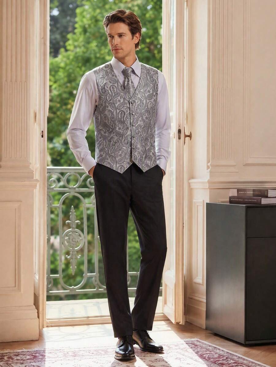 Officeau Men's Grey Jacquard Waistcoat, Including Tie& Cufflinks& Handkerchief Set (Shirt Not Included), Tuxedos For Wedding/ Evening/ Prom/ Party - Grey - View 1