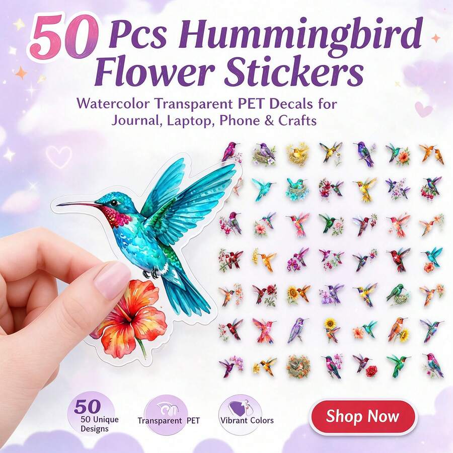 50 buah Stiker Burung Kolibri dan Bunga Cat Air, Stiker Burung dan Bunga PET Transparan, Paket Stiker Alam Botani Segar, Dekorasi DIY Tahan Air untuk Jurnal, Buku Catatan, Laptop, Ponsel, Scrapbook, Perencana, Hadiah Natal untuk Pecinta Stiker - MultiWarna - View 1
