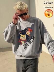 Autumn/Winter Men's Thermal Lined Crew Neck Sweatshirt, Cartoon Cat Planet Graphic & Text Decor, Y2K - Heather Gray - View 6