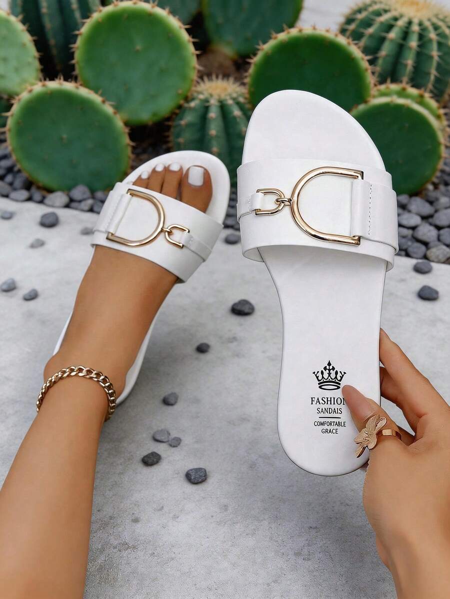 White Metal D-Ring Slide Sandals, Minimalist Wide Strap, Casual Outdoor Women's Flat Slippers, Lightweight Beach Vacation Flat Slippers - White - View 1